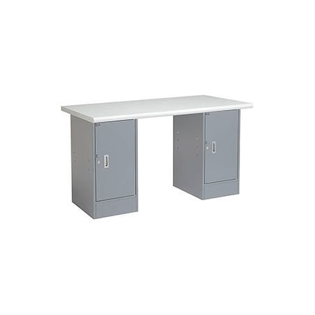 Global Equipment 72 x 30 Pedestal Workbench - 2 Cabinets, Plastic Laminate Safety Edge - Gray 607661